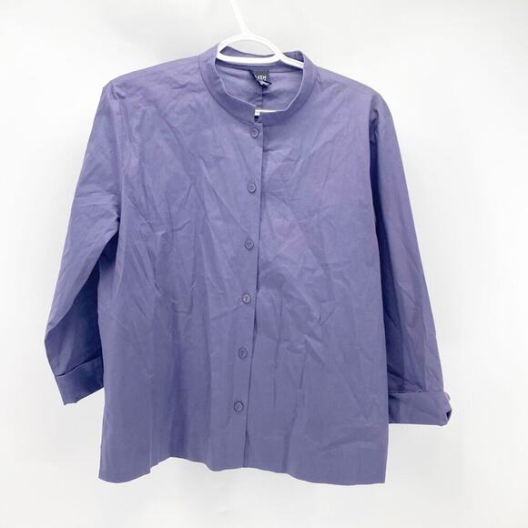 Eileen Fisher cotton mandarin collar purple 3 quarter sleeve button down sz L - Picture 1 of 8